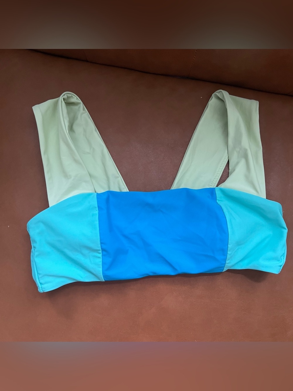 SO Sporty Bikini Top Colorblock Mint Teal Cobalt Blue Swim Top Sz L